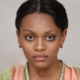 Neutral black young-adult female with short  brown hair and brown eyes