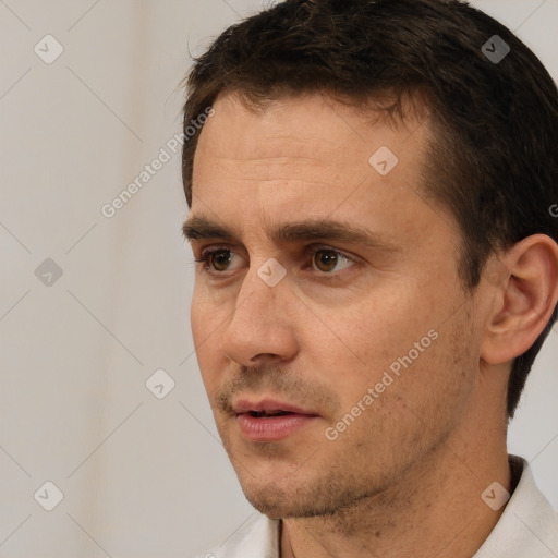 Neutral white adult male with short  brown hair and brown eyes