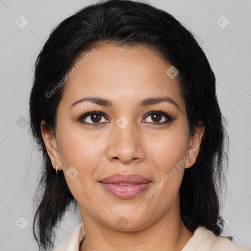 Joyful latino young-adult female with medium  brown hair and brown eyes