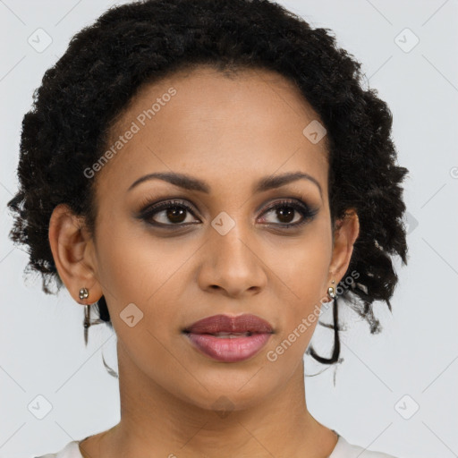 Joyful latino young-adult female with short  brown hair and brown eyes