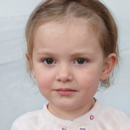 Neutral white child female with medium  brown hair and blue eyes