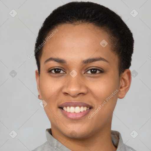 Joyful latino young-adult female with short  brown hair and brown eyes