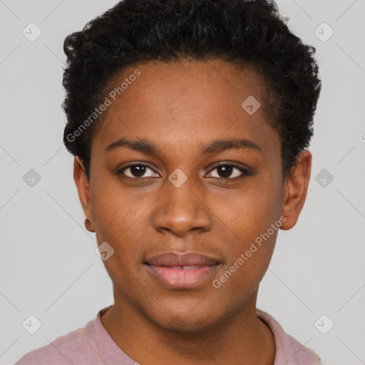 Neutral black young-adult female with short  brown hair and brown eyes