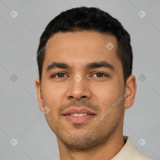 Neutral latino young-adult male with short  black hair and brown eyes