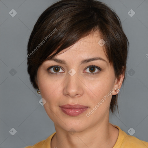 Joyful white young-adult female with medium  brown hair and brown eyes