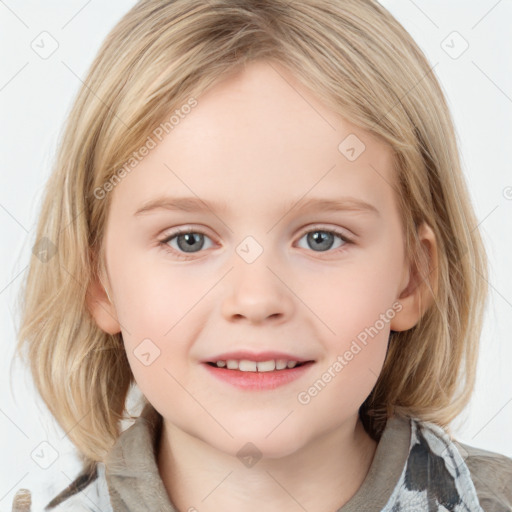 Joyful white child female with medium  brown hair and blue eyes