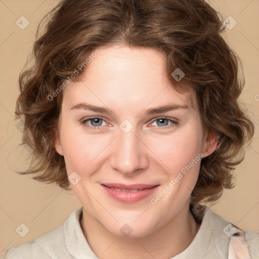 Joyful white young-adult female with medium  brown hair and green eyes