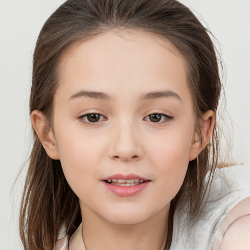 Joyful white child female with medium  brown hair and brown eyes