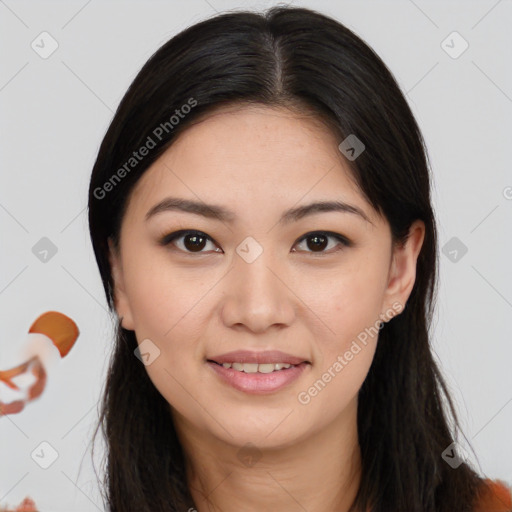 Joyful asian young-adult female with long  brown hair and brown eyes