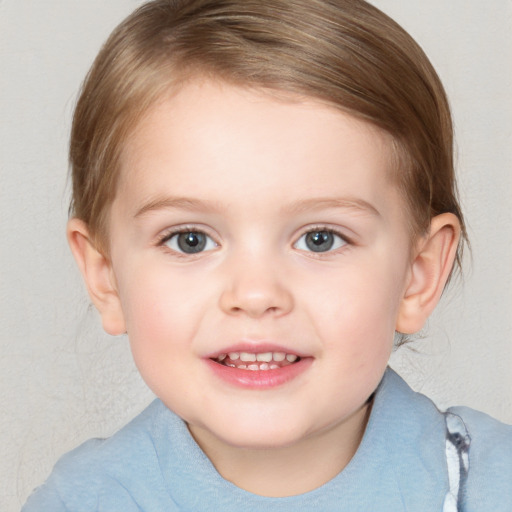 Joyful white child female with medium  brown hair and blue eyes