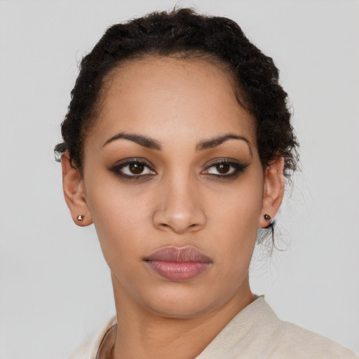 Neutral latino young-adult female with short  brown hair and brown eyes
