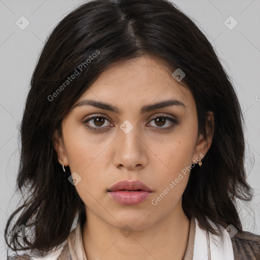 Neutral asian young-adult female with medium  brown hair and brown eyes