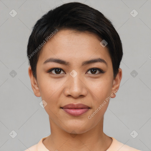 Joyful asian young-adult female with short  black hair and brown eyes