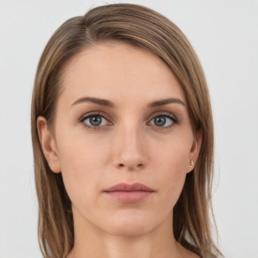 Neutral white young-adult female with long  brown hair and grey eyes