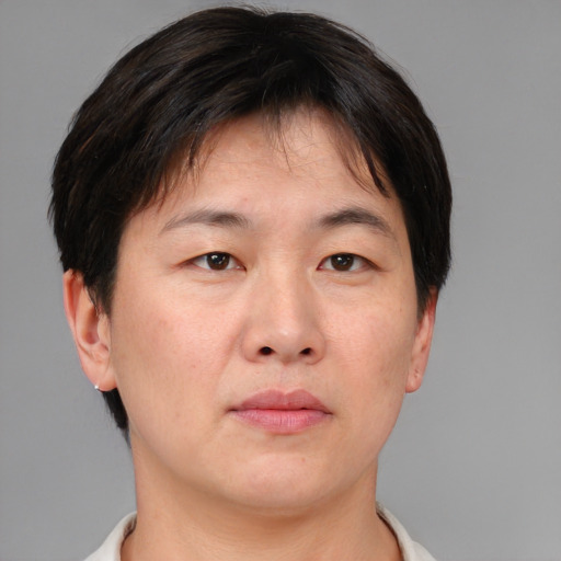 Neutral asian adult male with short  brown hair and brown eyes