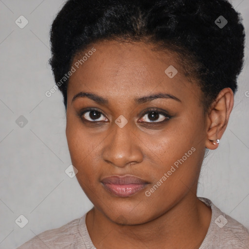 Joyful latino young-adult female with short  black hair and brown eyes