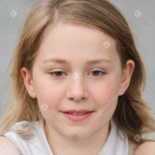 Joyful white child female with medium  brown hair and blue eyes