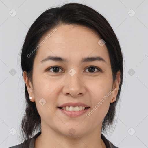 Joyful white young-adult female with medium  brown hair and brown eyes