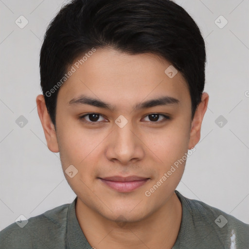 Joyful white young-adult male with short  black hair and brown eyes