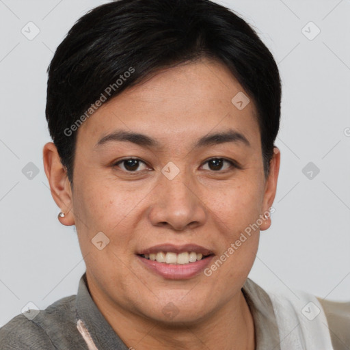 Joyful asian young-adult female with short  brown hair and brown eyes