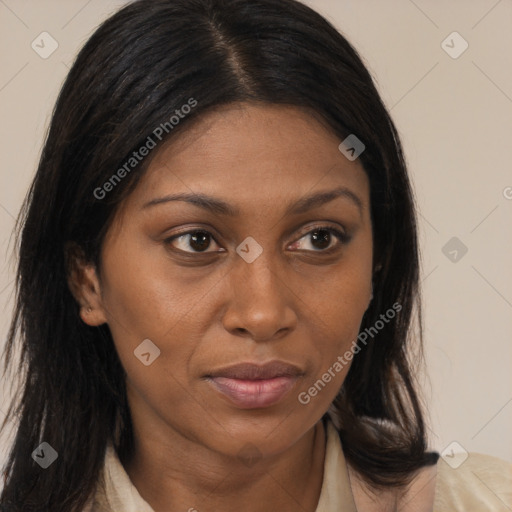 Joyful asian young-adult female with long  brown hair and brown eyes