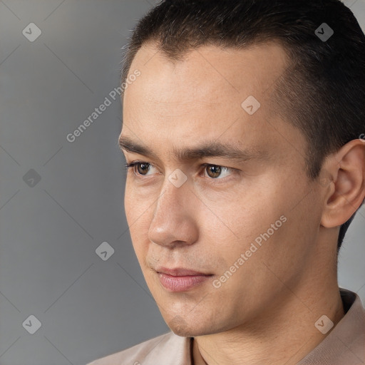 Neutral white young-adult male with short  brown hair and brown eyes