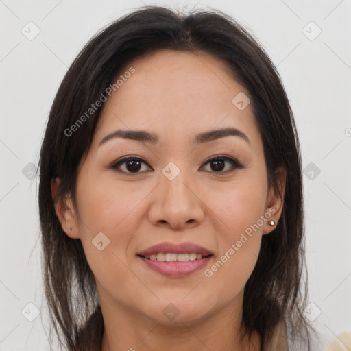 Joyful white young-adult female with medium  brown hair and brown eyes