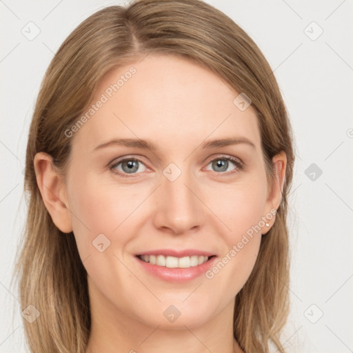 Joyful white young-adult female with long  brown hair and grey eyes