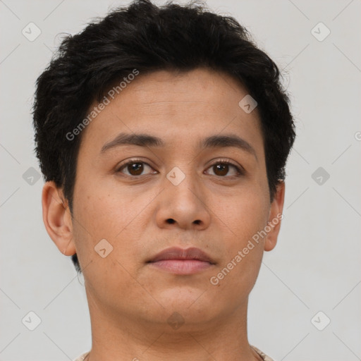 Neutral asian young-adult male with short  brown hair and brown eyes