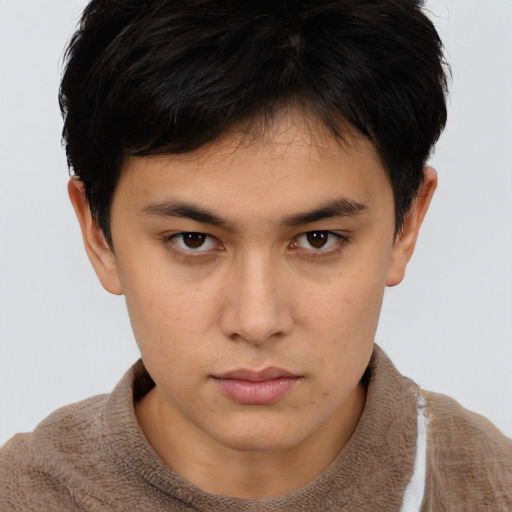 Neutral asian young-adult male with short  brown hair and brown eyes