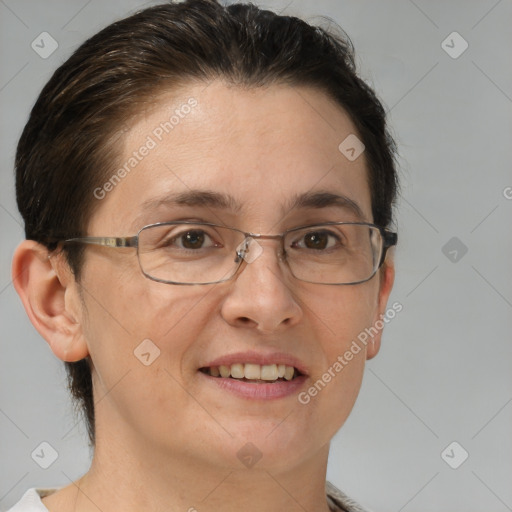 Joyful white adult female with short  brown hair and brown eyes