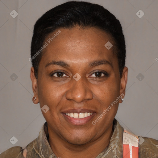 Joyful latino adult female with short  black hair and brown eyes