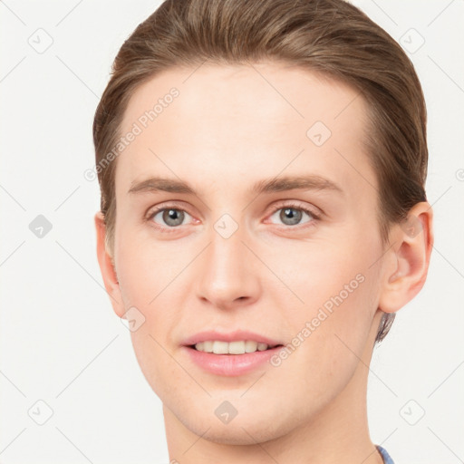 Joyful white young-adult female with short  brown hair and grey eyes