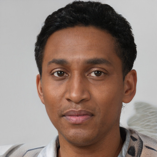 Neutral latino young-adult male with short  black hair and brown eyes