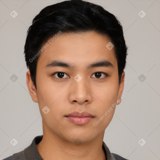 Neutral asian young-adult male with short  black hair and brown eyes