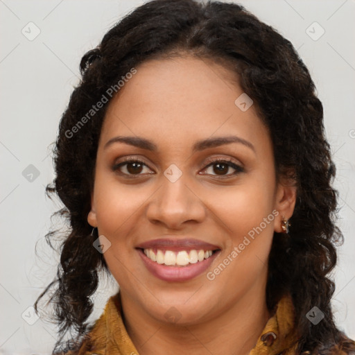 Joyful latino young-adult female with long  brown hair and brown eyes