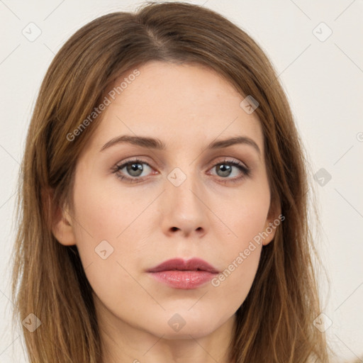 Neutral white young-adult female with long  brown hair and grey eyes