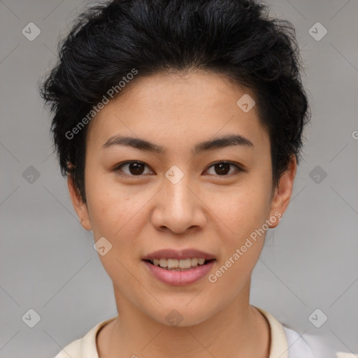 Joyful asian young-adult female with short  brown hair and brown eyes