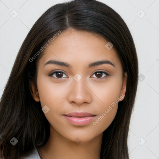 Neutral latino young-adult female with long  brown hair and brown eyes