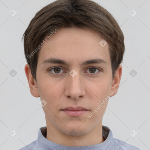 Neutral white young-adult male with short  brown hair and brown eyes