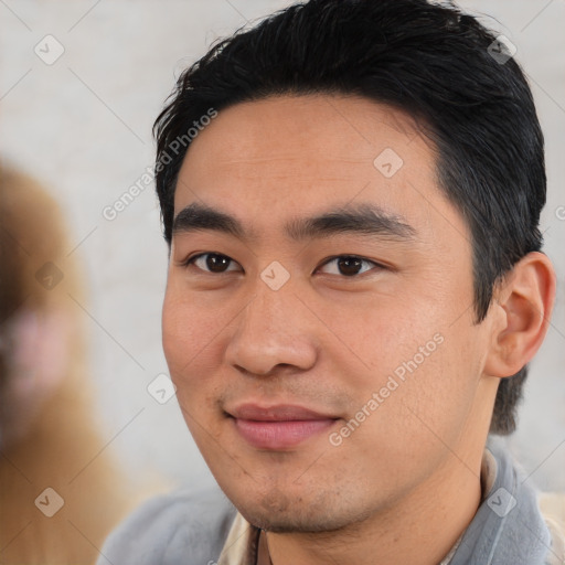 Joyful asian young-adult male with short  black hair and brown eyes