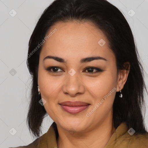 Joyful latino young-adult female with medium  brown hair and brown eyes