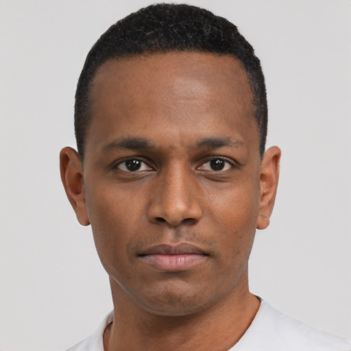 Neutral black young-adult male with short  black hair and brown eyes