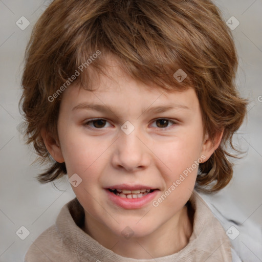 Joyful white child female with medium  brown hair and brown eyes