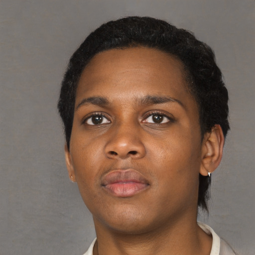 Neutral black young-adult female with short  black hair and brown eyes