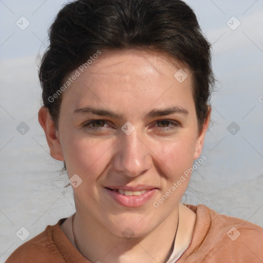 Joyful white adult female with short  brown hair and brown eyes