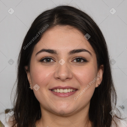 Joyful white young-adult female with long  brown hair and brown eyes