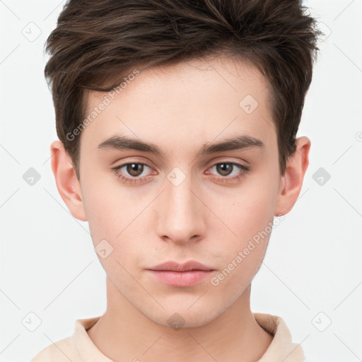 Neutral white young-adult male with short  brown hair and brown eyes