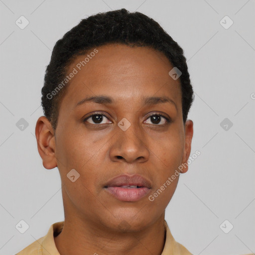 Neutral latino young-adult female with short  brown hair and brown eyes