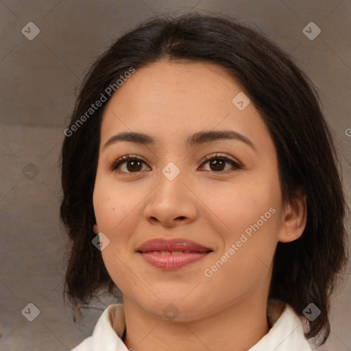 Joyful asian young-adult female with medium  brown hair and brown eyes